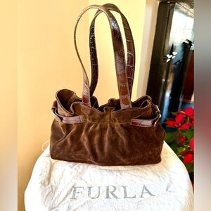 Vintage Furla Dark Brown Suede Shoulder Bag